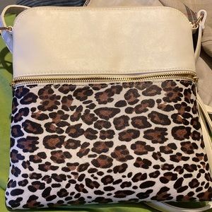 Brown white leopard print cross body purse